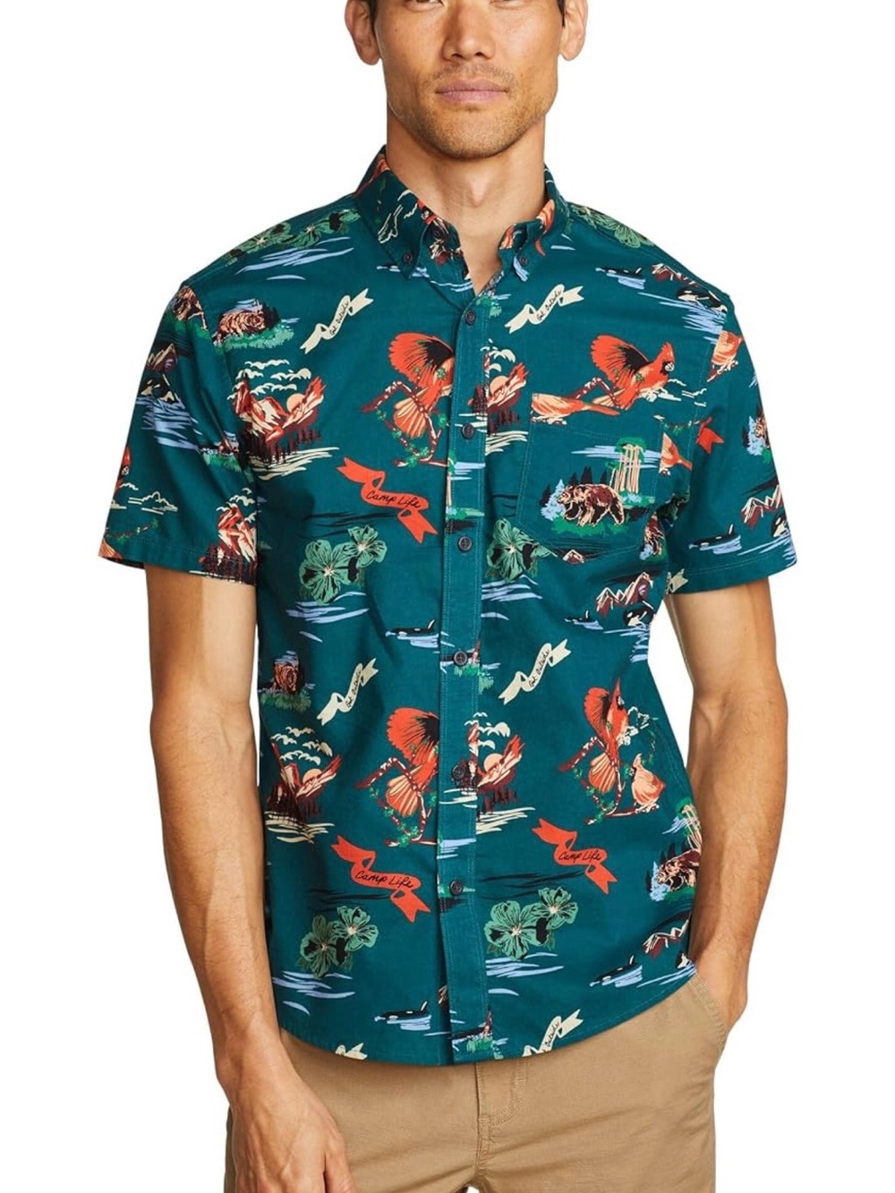Eddie Bauer Teal Short-Sleeve Print Button-Down Shirt